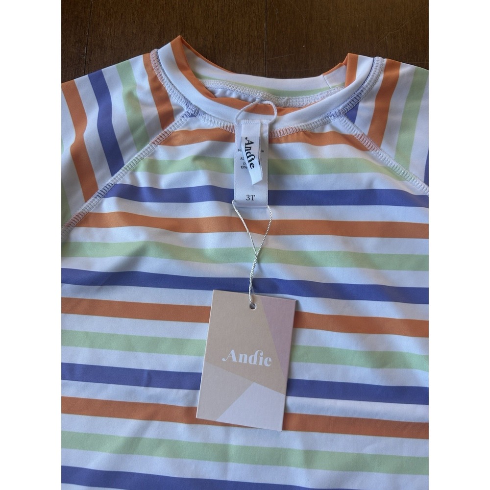NWT Andie Kids 3T Striped Multicolor Long Sleeve Rash Guard Swim Shirt Polyester